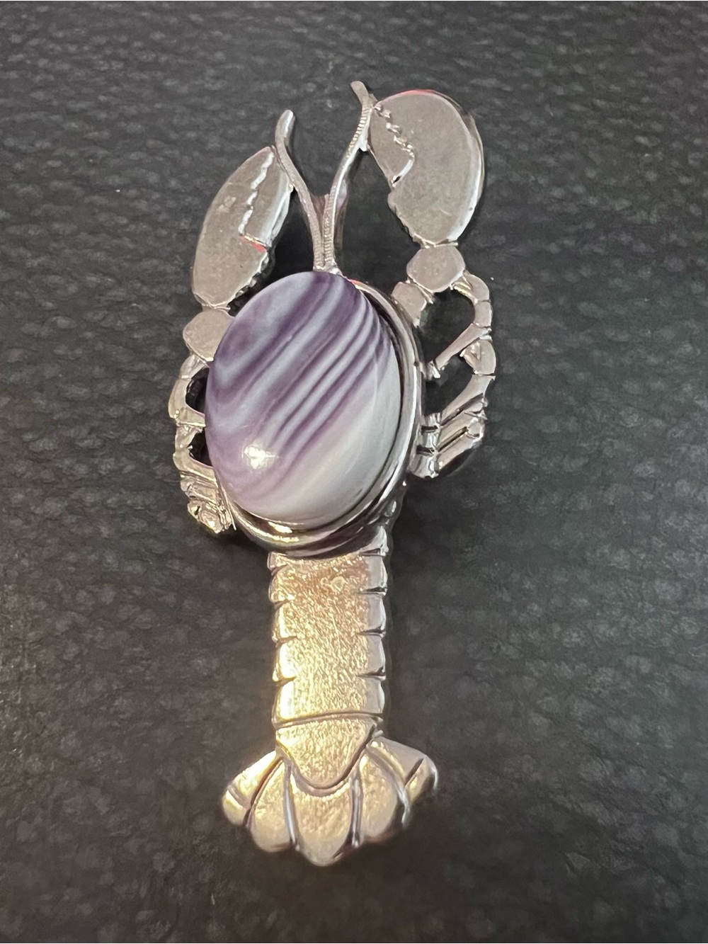 Silver Lobster Pin with Purple Marbled Stone